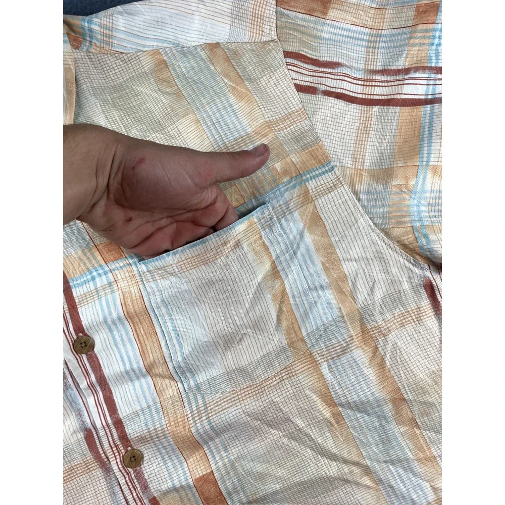 Tommy Bahama Button Up Shirt Men's L Silk Orange‎ Plaid Camp Lightweight Beach
